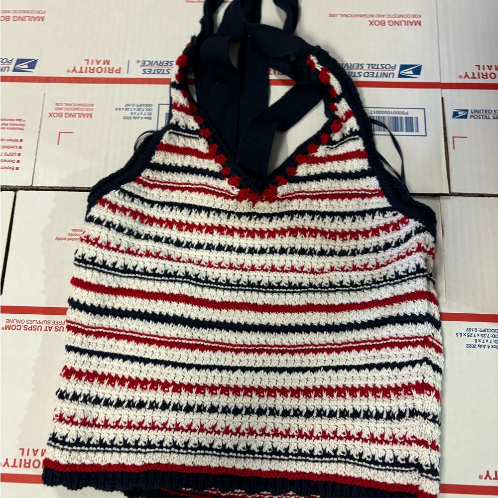 moon & madison Red, White & Navy Striped Crochet Top